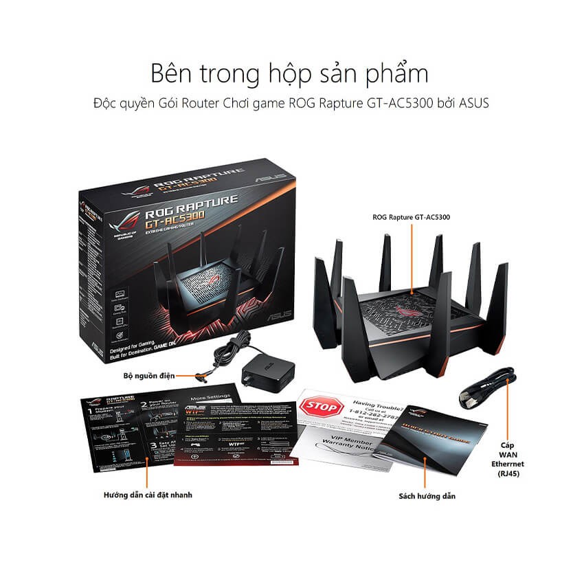 Bộ phát wifi Asus GT-AC5300 Ba băng tần, Chuẩn AC5300 (Chuyên cho gaming, 4K streaming. Với vi xử lý Quad-core 1.8Ghz)
