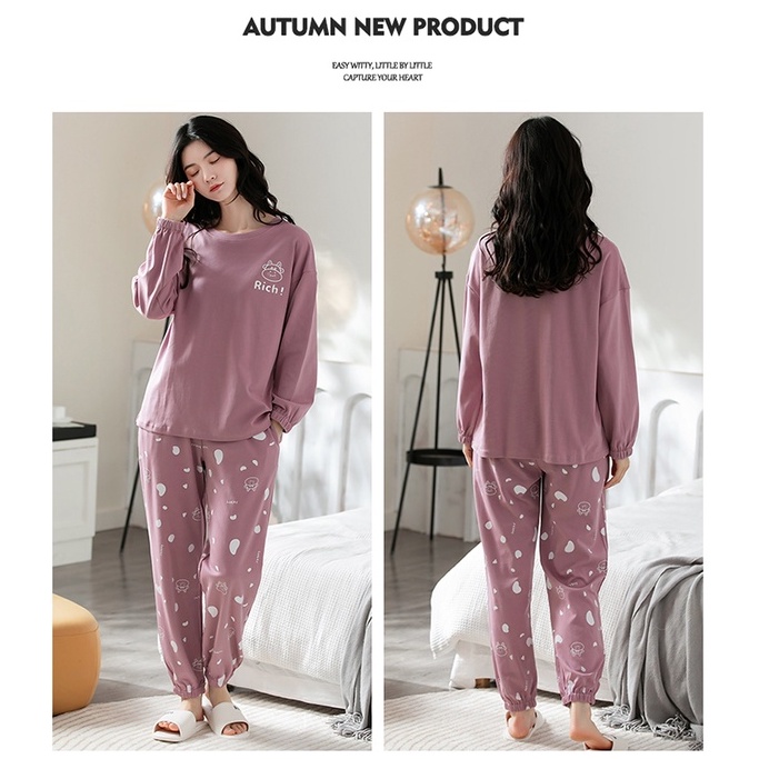 Đồ mặc nhà nữ tay dài quần dài trẻ trung chất thun cotton 100% BA5109