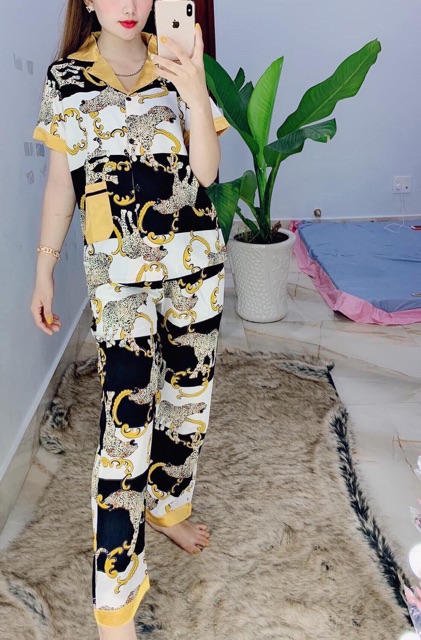 Pijama satin lụa tay ngắn quần dài ngắn phối màu sắc