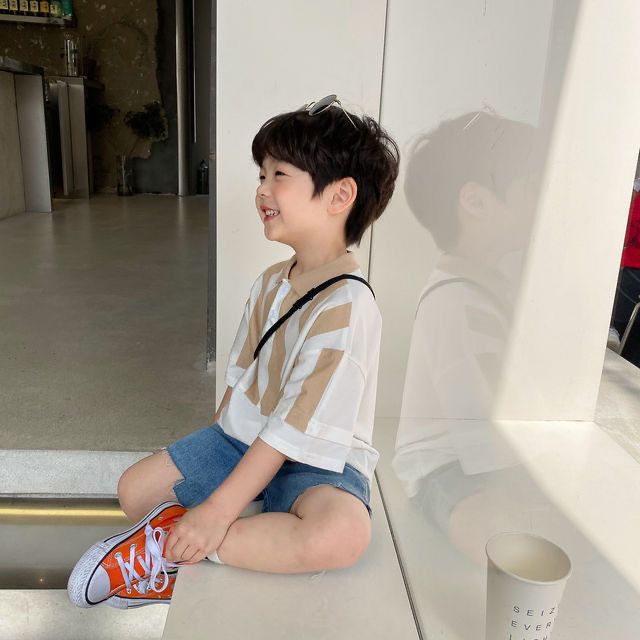 𝗦𝗵𝗼𝗽 𝗠𝗲̣ 𝗕𝗼𝗯 𝟴𝟲 - Áo thun bé trai hè - Áo Polo bé trai cộc tay sọc nâu phong cách Hàn Quốc Size 90-150