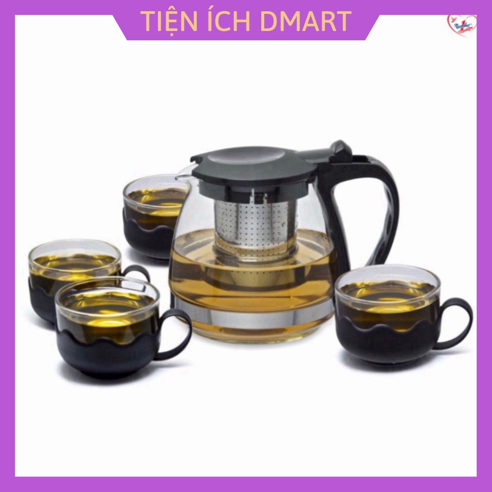 ấm trà thủy tinh 1.0 lít bình pha trà thủy tinh lưới lọc inox kèm 4 ly