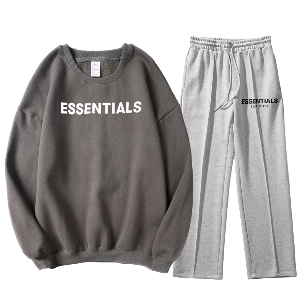 Set áo sweater nỉ bông quần gân Essentials ống suông basic, phong cách unisex dễ mặc dễ mix big size