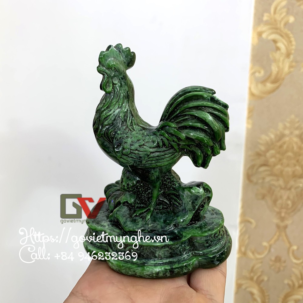 Tượng đá trang trí phong thủy con gà trống trang trí phong thủy để bàn làm việc - Cao 12cm - Màu xanh lục bích