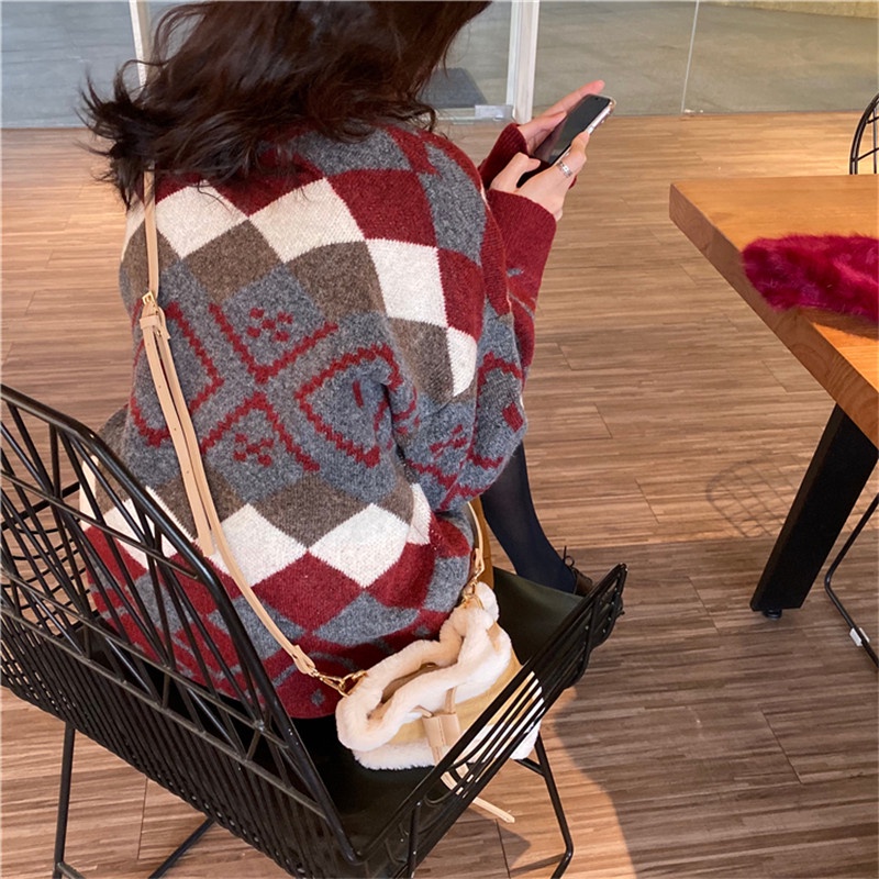 SUXI Áo sweater dáng rộng cổ cao họa tiết nhiều màu thời trang mùa thu cho nữ