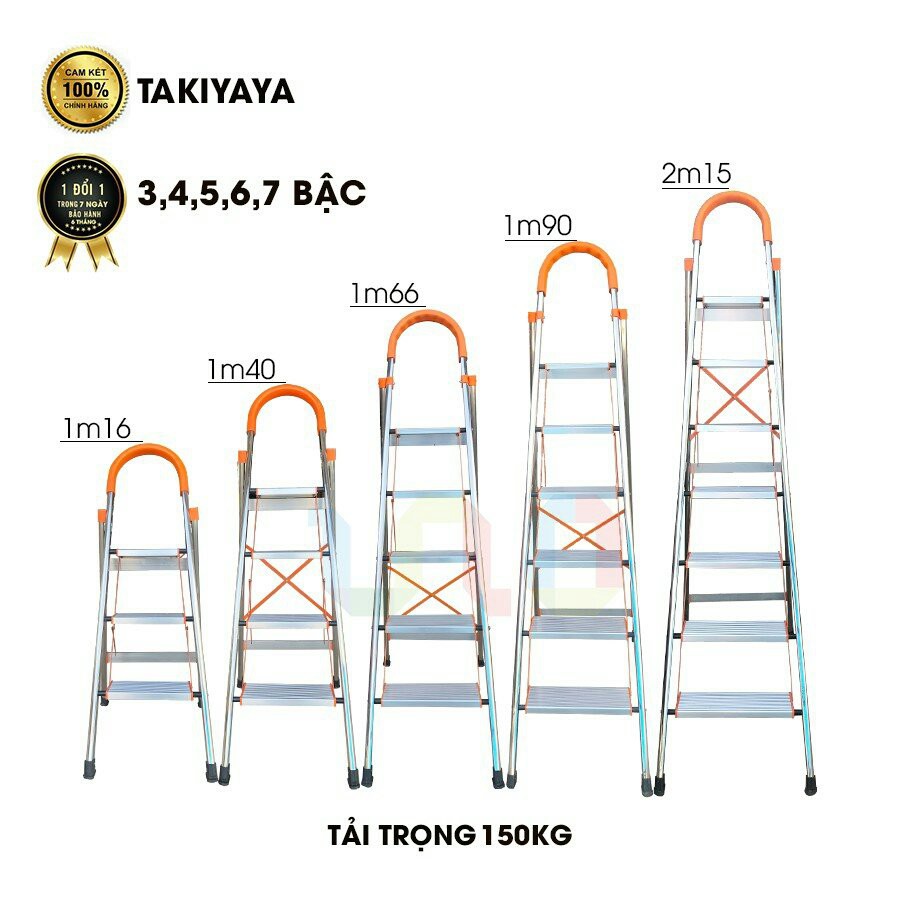 Thang nhôm ghế tay vịn Khung Inox Chắc Chắn, Bản Nhôm To  TAKIYAYA 3,4,5,6,7 bậc - BH 24 tháng - chính hãng