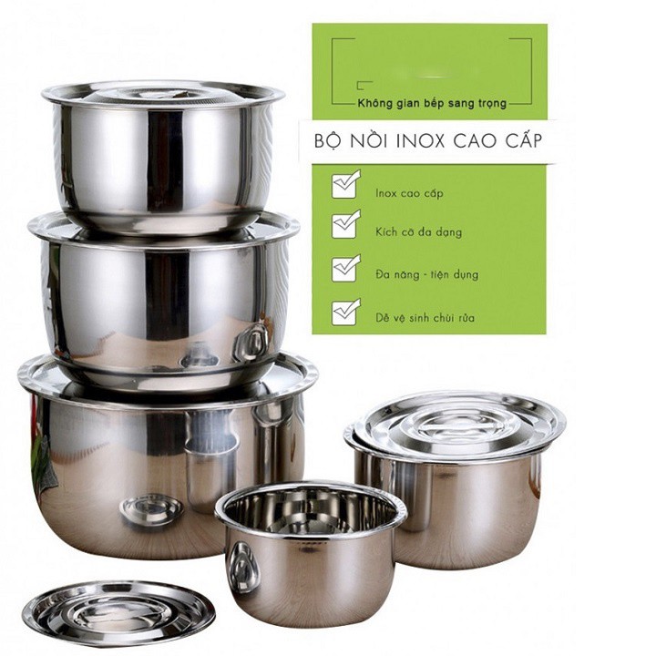 Bộ 5 Nồi Inox, 5 Kích Thước Khác Nhau - Dùng Được Với Mọi Loại Bếp, Không Quai Cất Dọn Gọn Gàng