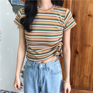 ☀️Áo Croptop Sọc Rút Dây 1 Bên