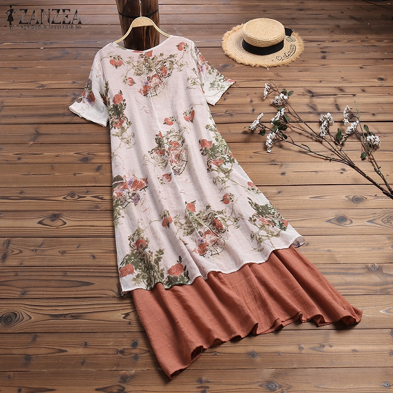 Đầm ZANZEA Tay Ngắn In Họa Tiết Hoa Phong Cách Vintage Cho Nữ | BigBuy360 - bigbuy360.vn