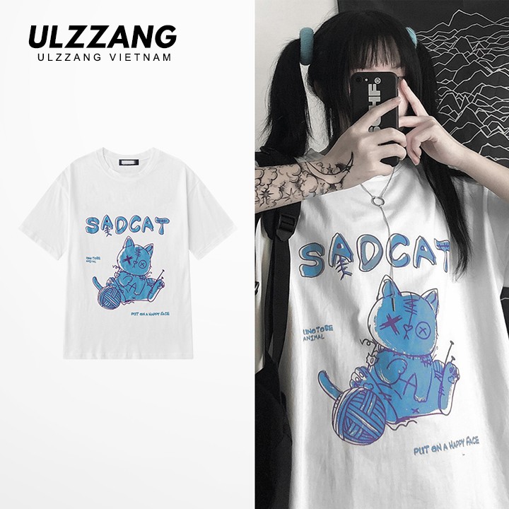 Áo thun tay lỡ ULZZANG cotton dáng unisex form rộng in hình sad cat | BigBuy360 - bigbuy360.vn