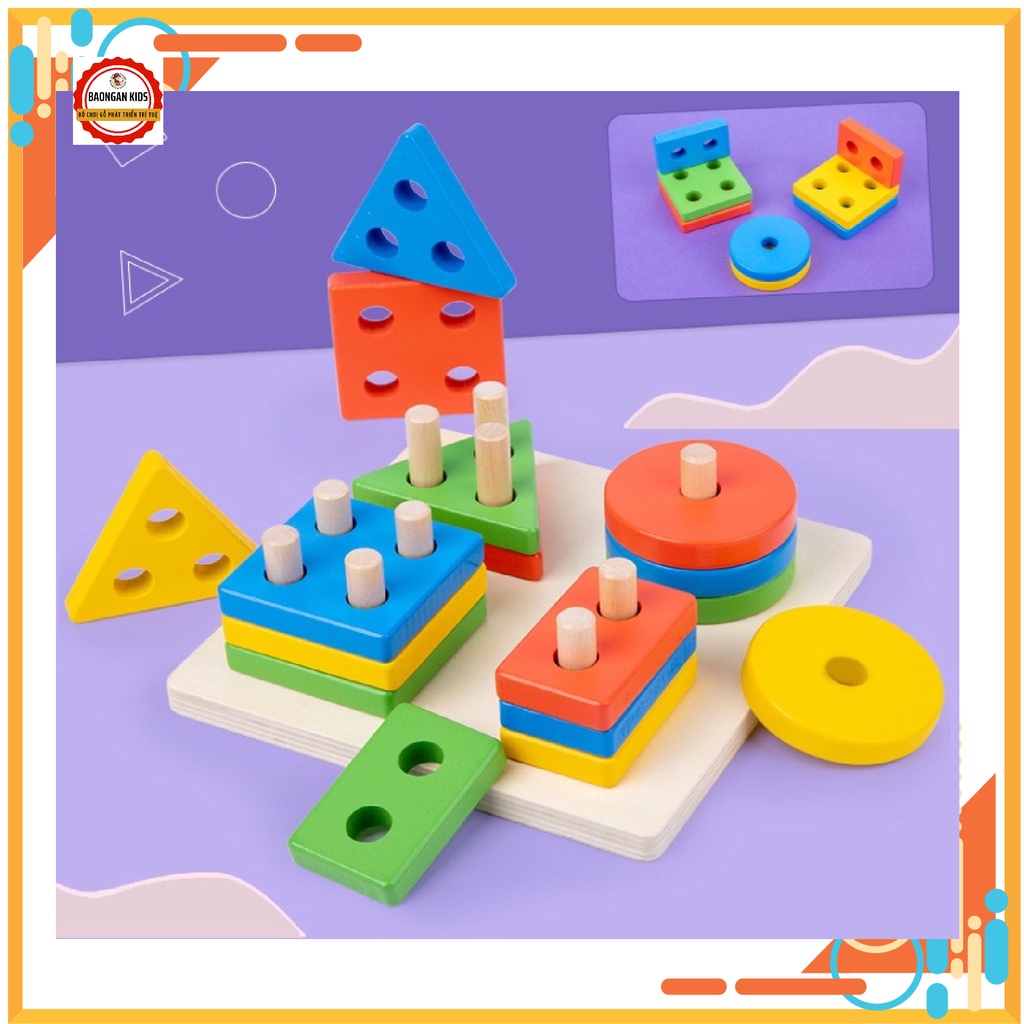 Đồ chơi gỗ Montessori thả hình khối 4 cọc cho bé - Đồ chơi thông minh cho bé, phát triển trí tuệ