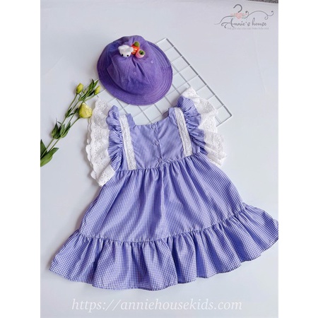 Váy bé gái Annie, Đầm mùa hè họa tiết caro thiết kế tay cánh tiên phối ren 2 tầng điệu đà cho bé từ 9 – 30kg