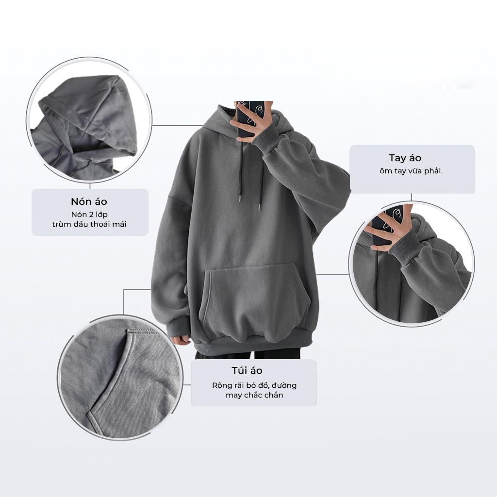 Áo HOODIE Nam Trơn KSM Menswear Vải Nỉ Phom Rộng UNISEX từ 45kg - 90kg HD900
