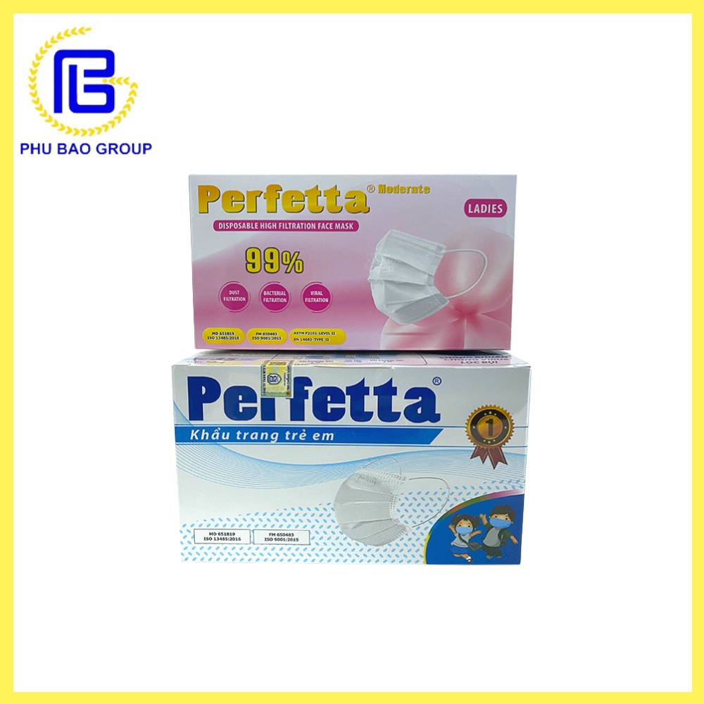 Combo 2 hộp - 1 hộp khẩu trang Perfetta ladies  và 1 hộp khẩu trang Perfetta trẻ em
