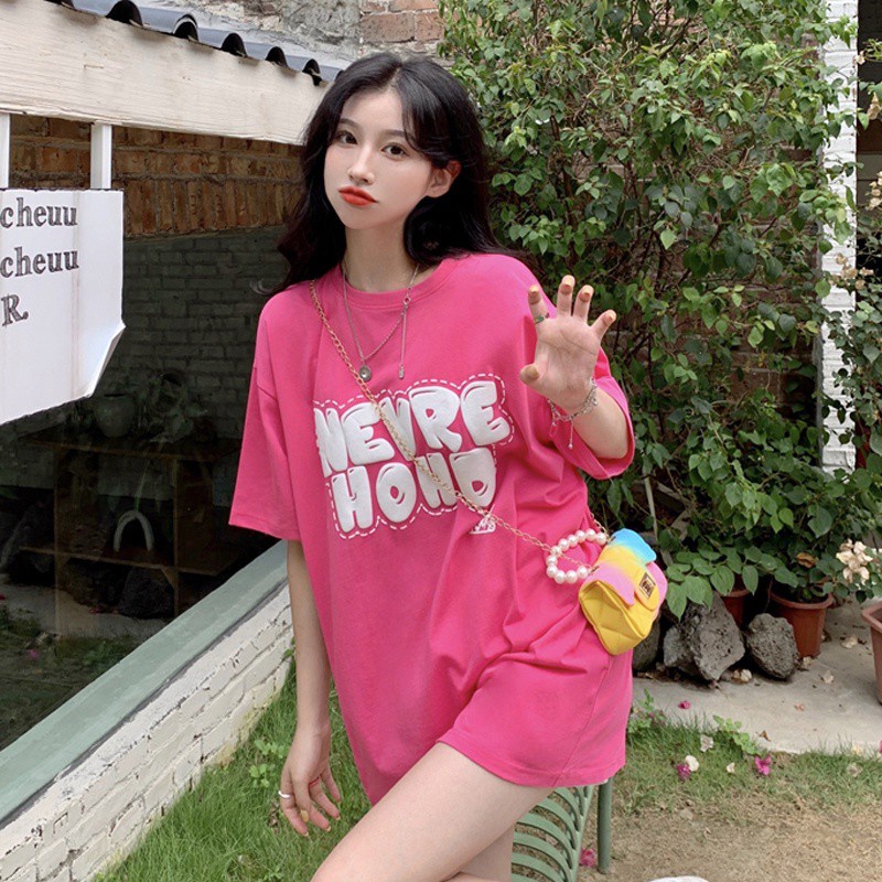 Áo thun tay ngắn cổ tròn dáng rộng in chữ thời trang mùa hè Hàn Quốc cho nữ