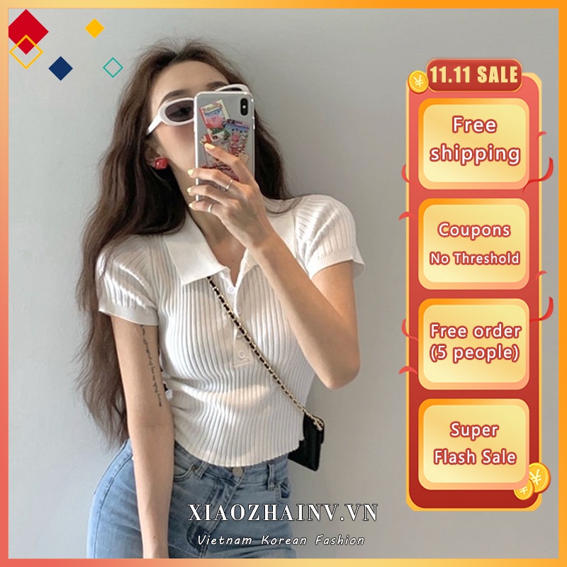 [ Mã 11FASHIONSALE1 giảm 10K đơn 50K ] Xiaozhainv Áo croptop dệt kim tay ngắn cổ polo thời trang Hàn Quốc thanh lịch