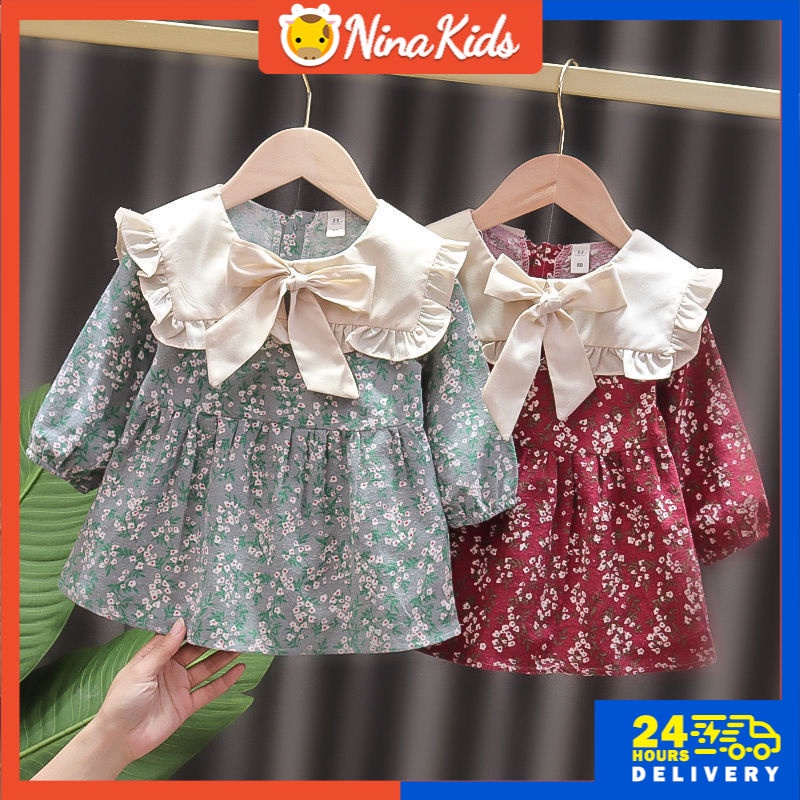 Đầm dài tay  in hoa cho bé gái đáng yêu cho bé 0-4 tuổi