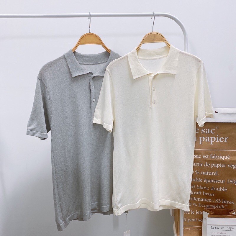 Áo Polo nam trơn basic vải dệt kim mongtoghi Cotton Trắng/Ghi