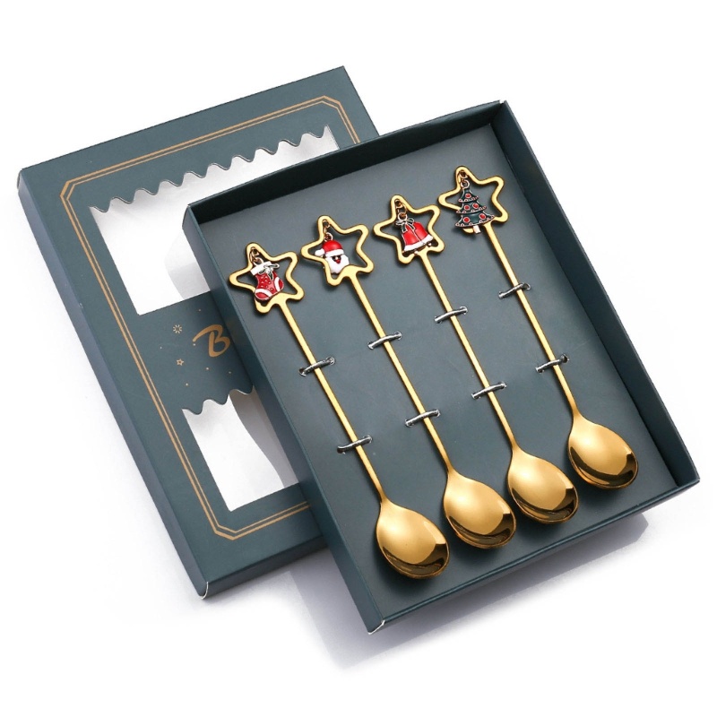 Set 4 Muỗng Cà Phê Bằng Thép Không Gỉ Kèm Hộp Đựng Họa Tiết Giáng Sinh