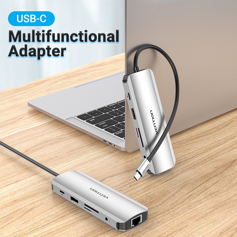 Đế sạc đa năng VENTION USB 9 trong 1 nối tới USB 3.0 OTG/HDMI/PD/SD/RJ45 cho laptop/PC