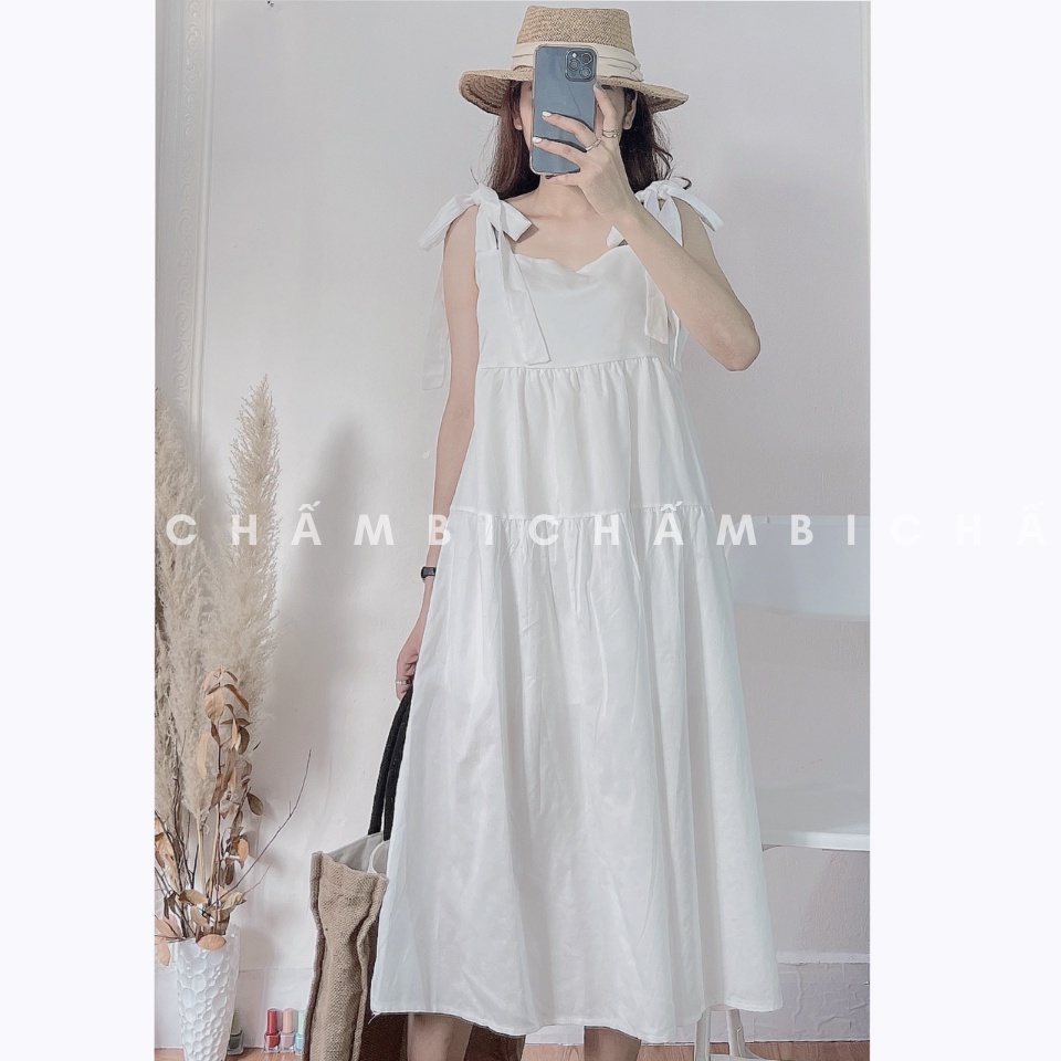 Váy babydoll Hàn Quốc V.079, Váy dáng dài 2 tầng xòe thắt nơ vai cực xinh | BigBuy360 - bigbuy360.vn