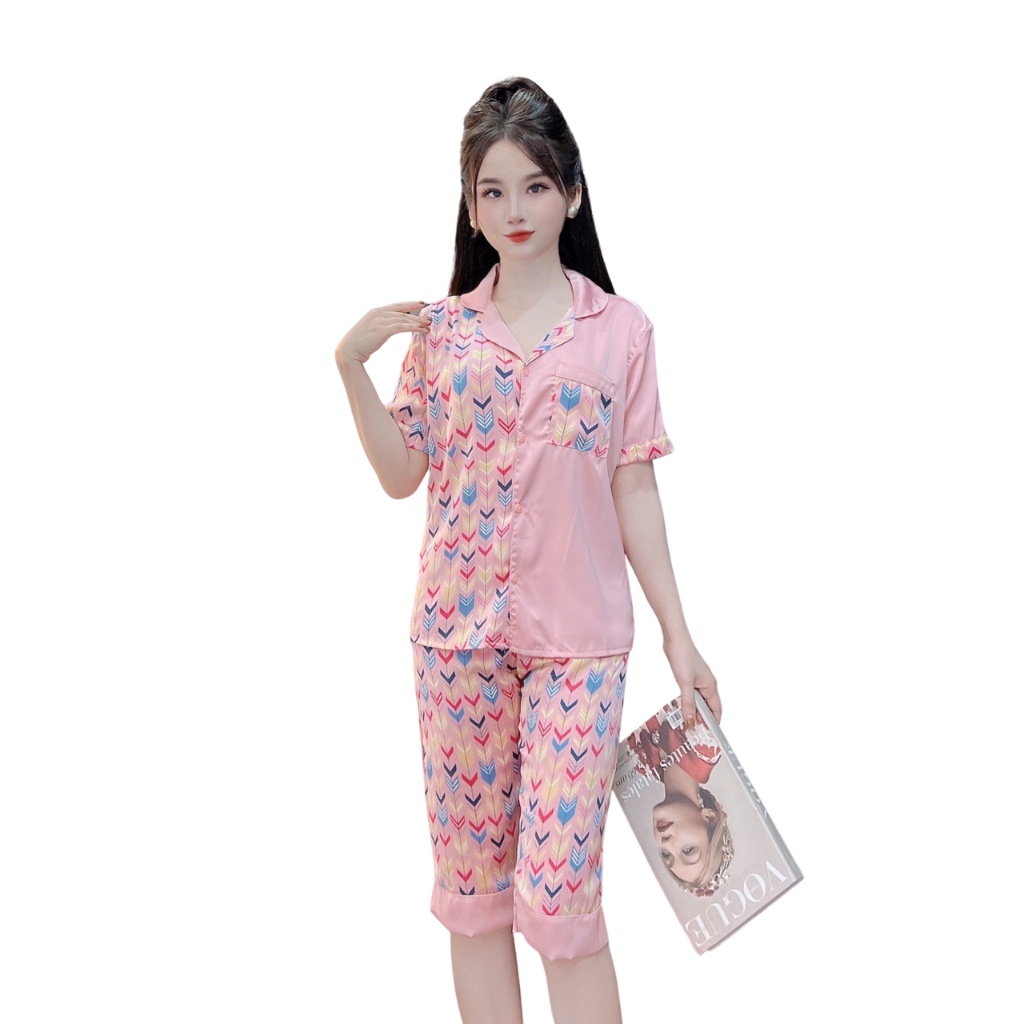 Bộ đồ ngủ, pijama nữ, set mặc nhà lụa latin cộc-lửng PIJAMAS HOUSE