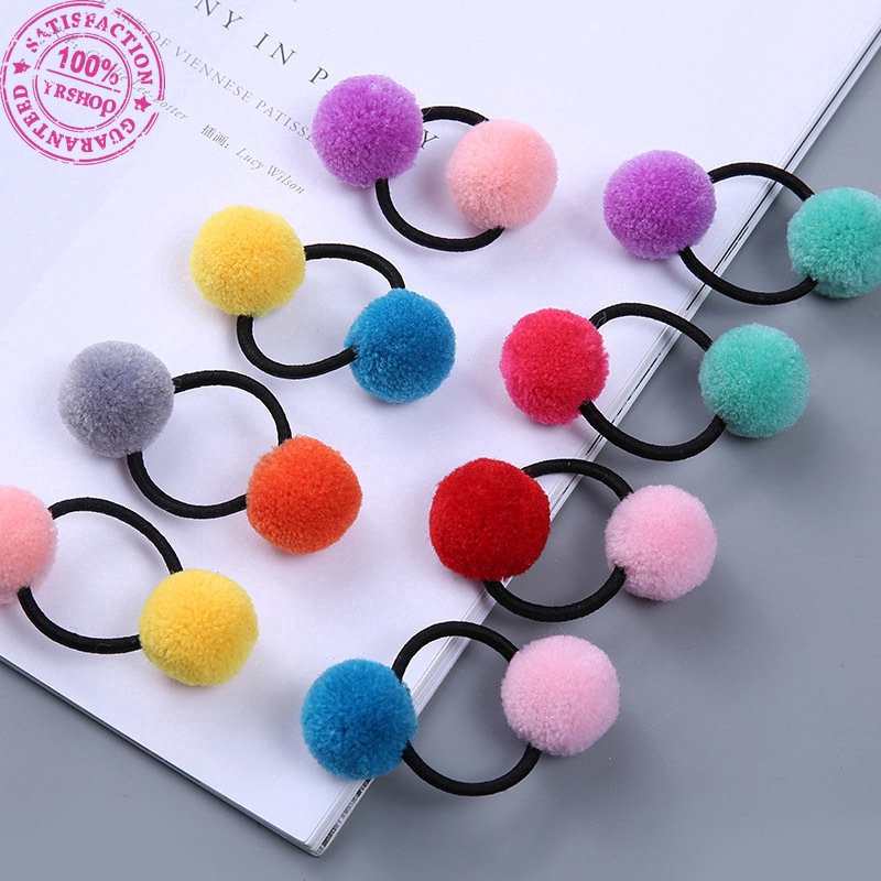 Dây Buộc Tóc Co Giãn Gắn Quả Cầu Lông Xù Đáng Yêu Cho Bé Gái