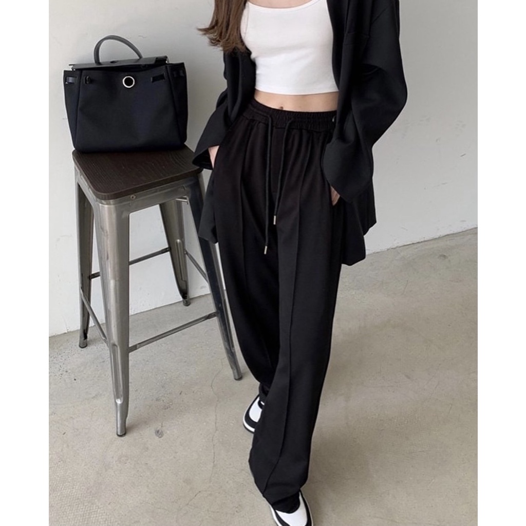 Quần jogger nữ gân Nhật Minh chất bao đẹp dáng dài xuông siêu hách chân 2 màu đen xám