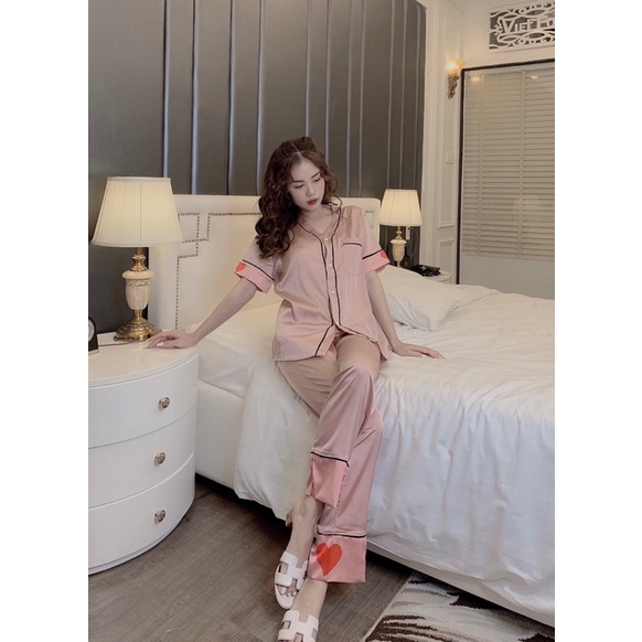 Bộ Đồ Pijama – Bộ Lụa latin viền sóng tay cộc quần dài [Hàng Đẹp, Lụa Mát Mịn]  Không Nhăn, Không Bai Giãn | BigBuy360 - bigbuy360.vn