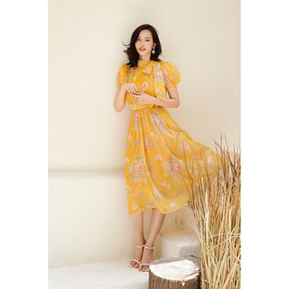 Đầm maxi hoa vàng cổ nơ -hbv1132