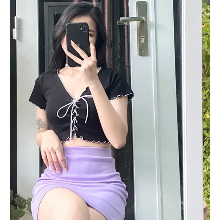 Áo croptop viền bèo đan dây Ulzzang
