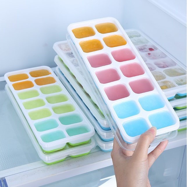 Khay Trữ Đông Đồ Ăn Dặm Có Đáy Silicon Có Nắp Đậy, Khay Làm Đá, Thạch, Kem Bảo Quản Chống Mùi
