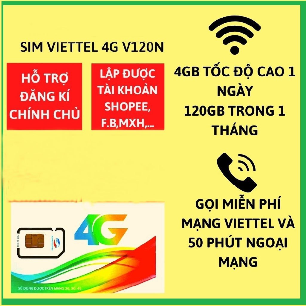 Sim Viettel V120N Tặng 4GB 1 Ngày - Gọi Miễn Phí Viettel - Tặng 50p Gọi Ngoại Mạng Hàng Tháng