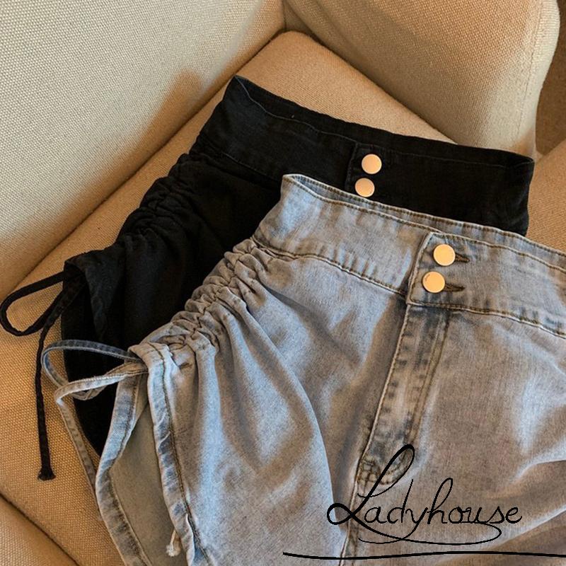 Quần Short Jean Ngắn Lưng Cao Co Giãn Phối Hai Hàng Nút Hai Bên Màu Trơn Cho Nữ