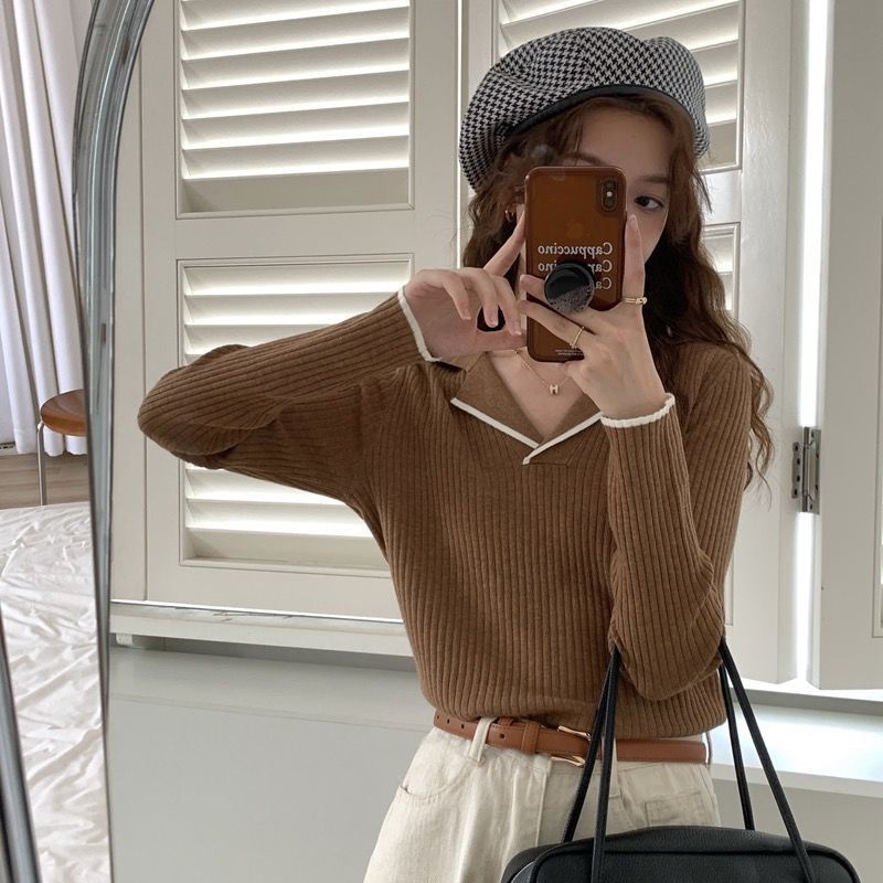 【ZHELIHANGFEI】Áo Sweater Tay Dài Cổ POLO Dáng Rộng Lưng Cao Dễ Phối Đồ