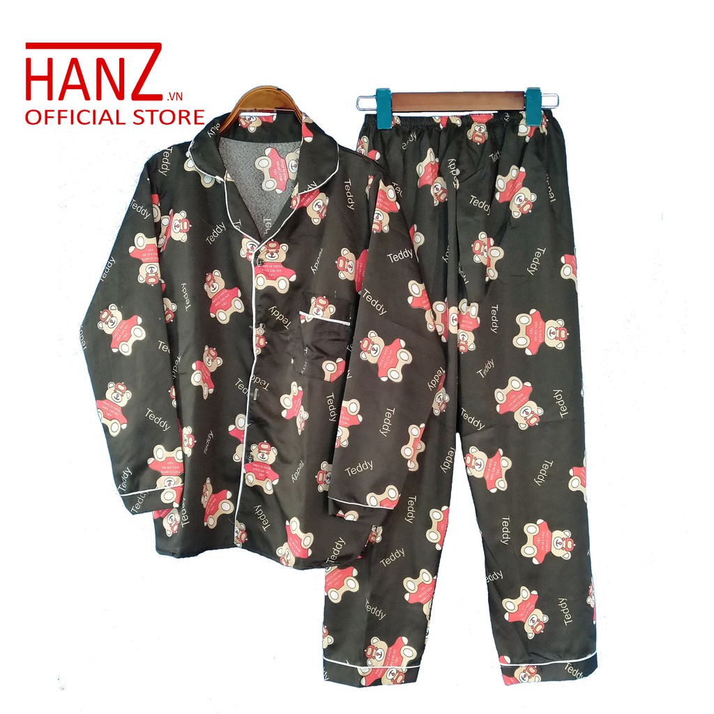 Bộ ngủ pijama lụa kate thái áo dài quần dài bộ mặc nhà Hanz.vn mềm mại dễ thương H 1 Đen Gấu