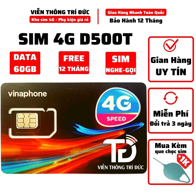 Sim 4G Vinaphone D500 / D500T (Nghe-Gọi được) Data 5Gb/Tháng, Không giới hạn dung lượng, Free 12 tháng Không phí duy trì