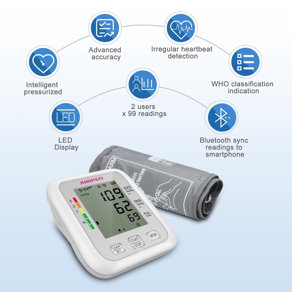 Máy đo huyết áp bắp tay kết nối Bluetooth với điện thoại Jumper JPD-HA120