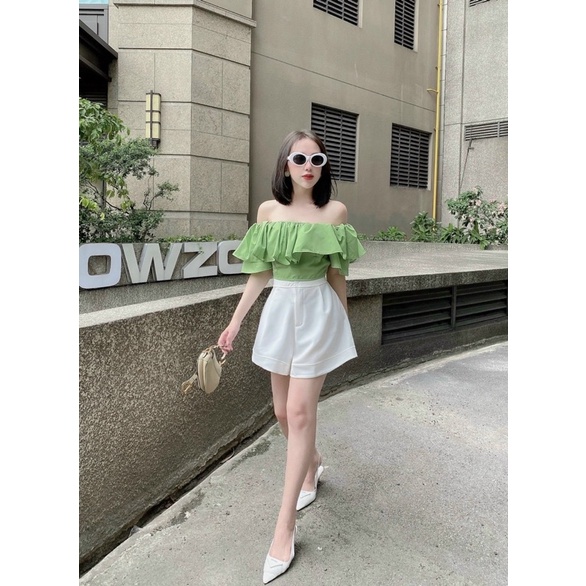 Set áo croptop hở/bẹt/trễ/rớt vai xanh kèm quần short ngắn trắng,bộ thời trang hot girl đi chơi dạo phố quyến rũ gợi cảm