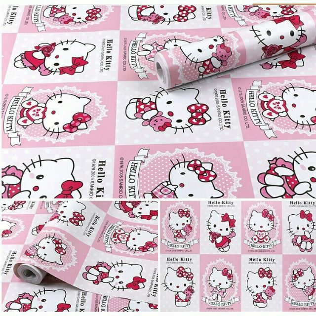Giấy Dán Tường Kitty Ô Vuông Phong Cách Hàn Quốc