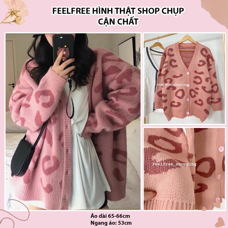 Áo Khoác Cardigan Hoạ Tiết Màu Hồng Len Chất Dày Form Rộng Dài