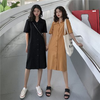 (ORDER) Váy sơ mi dáng suông dài qua gối A-Line đơn giản cài khuy style retro Hàn Quốc