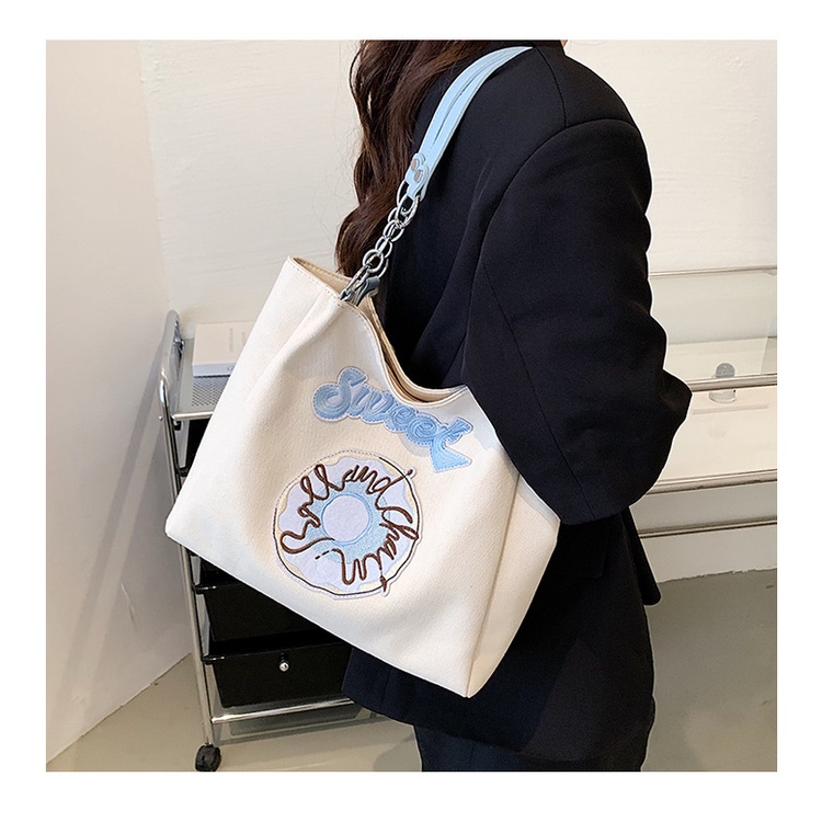 Túi Tote Đeo Vai Mùa Hè Bằng Vải Bạt Kích Thước Lớn Thêu Hình Bánh Donut Phong Cách Hàn Quốc Mới 2022