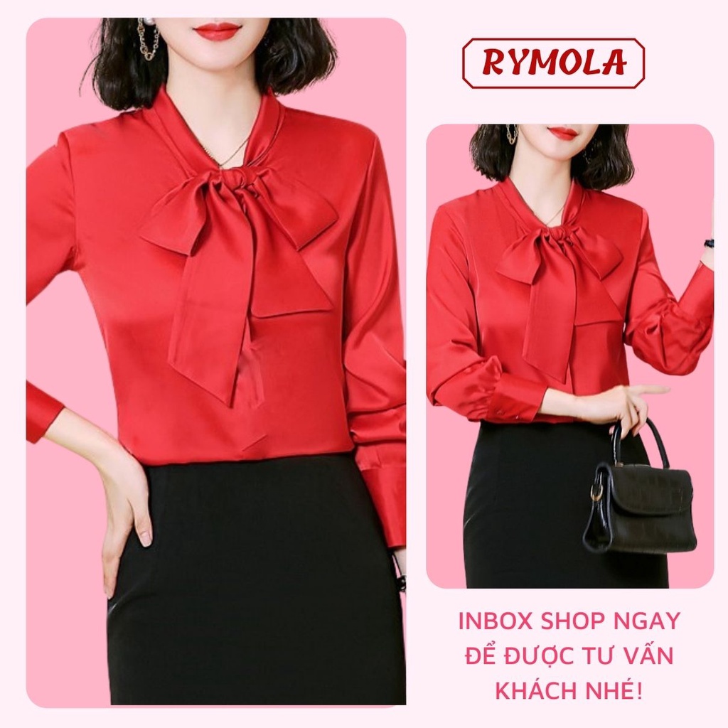 Áo Sơ Mi Kiểu Công Sở Đẹp MOLA Tay Dài Cổ Thắt Nơ Màu Đỏ Chất Lụa Cao Cấp From Rộng Hàn Quốc Ulzzang Vintage A1D