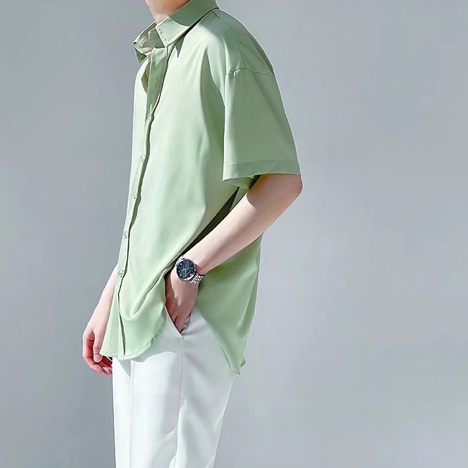 Áo Sơ Mi Nam Nữ Tay Ngắn Vải Lụa Lạnh Trơn Màu Xanh Lá Phong Cách Retro Hàn Quốc Cho áo kiểu hàn quốc áo sơ mi unisex lụa áo phong cách nhật bản sơ mi hoạ nam ngắn tay