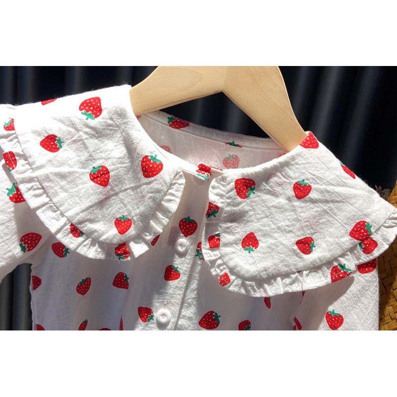 AG02 - Áo sơ mi cổ tròn bé gái, áo kiểu tiểu thư, họa tiết dâu tây  - Richkid123