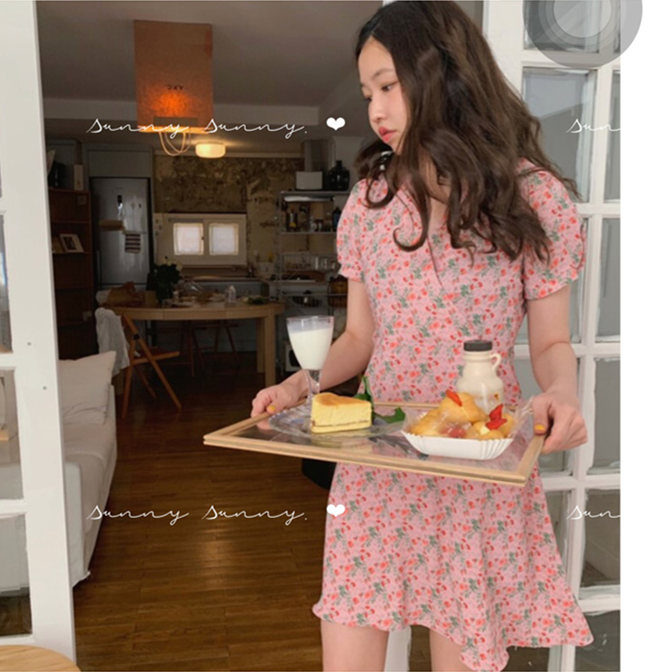 Đầm Tay Phồng Cổ Chữ V In Họa Tiết Trái Cherry Xinh Xắn Dành Cho Nữ 27849
