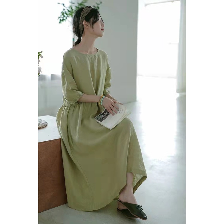 Đầm linen dáng suông thiết kế cúc cài chỉnh eo thời trang phong cách trẻ