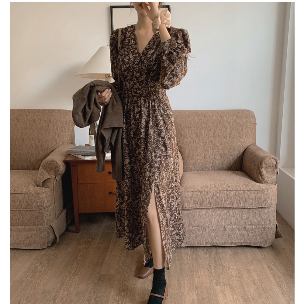 Đầm tay dài cổ chữ v họa tiết hoa phong cách retro 46676