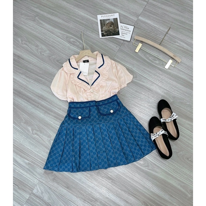 Set áo vest kem viền cổ xếp ly tay bồng mix chân váy gc ❤️