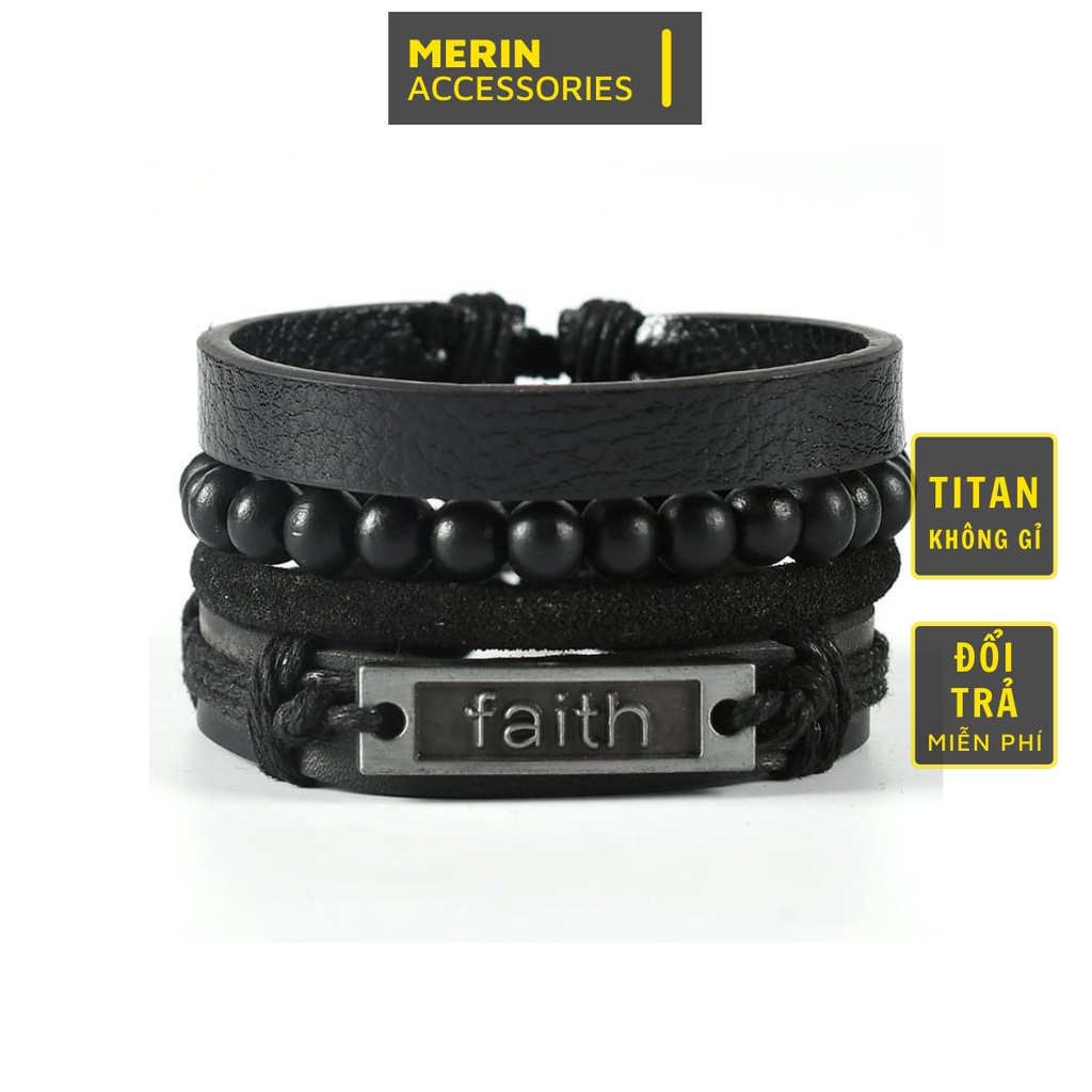 Vòng Tay Nam Lắc Tay Unisex Thời Trang Đeo Tay Nam Nữ Basic Merin Accessories Màu Đen - Vòng Tay Da Faith